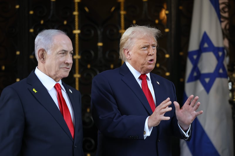 President Donald Trump welcomes Israeli Prime Minister Benjamin Netanyahu to his Mar-a-Lago club on December 29, 2025 in Palm Beach, Florida.