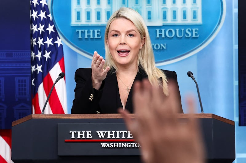 White House press secretary Karoline Leavitt takes questions from media as she holds a briefing at the White House in Washington, D.C., U.S., April 27, 2026. REUTERS/Kevin Lamarque