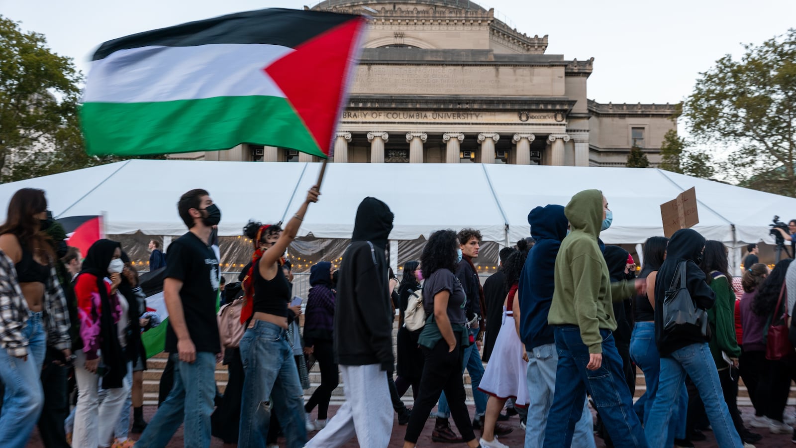 A photo of Columbia University students marching in support of Palestine last month.