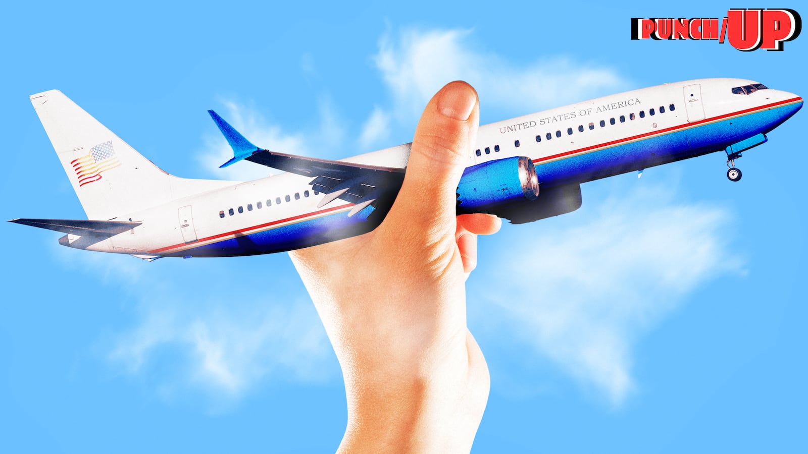 A photo illustration of a hand grabbing a DHS Boeing 737-8 MAX plane from the sky for PunchUp.