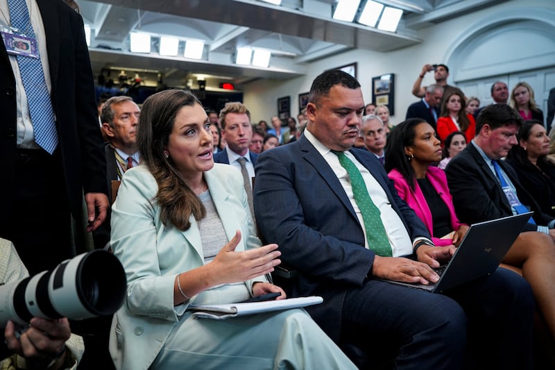 Kristen Holmes, Senior White House Correspondent for CNN, asks a question during a press briefing with White House Press Secretary Karoline Leavitt (not pictured,) at the White House in Washington, D.C., U.S., August 19, 2025. REUTERS/Al Drago