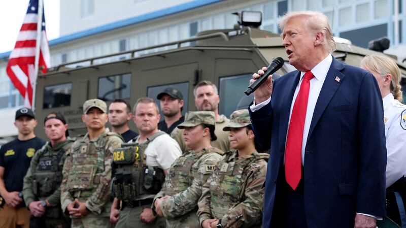WASHINGTON, DC - AUGUST 21: U.S. President Donald Trump visits the U.S. Park Police Anacostia Operations Facility on August 21, 2025 in Washington, DC. The Trump administration has deployed federal officers and the National Guard to the District in order to place the DC Metropolitan Police Department under federal control and assist in crime prevention in the nation's capital.  (Photo by Anna Moneymaker/Getty Images)