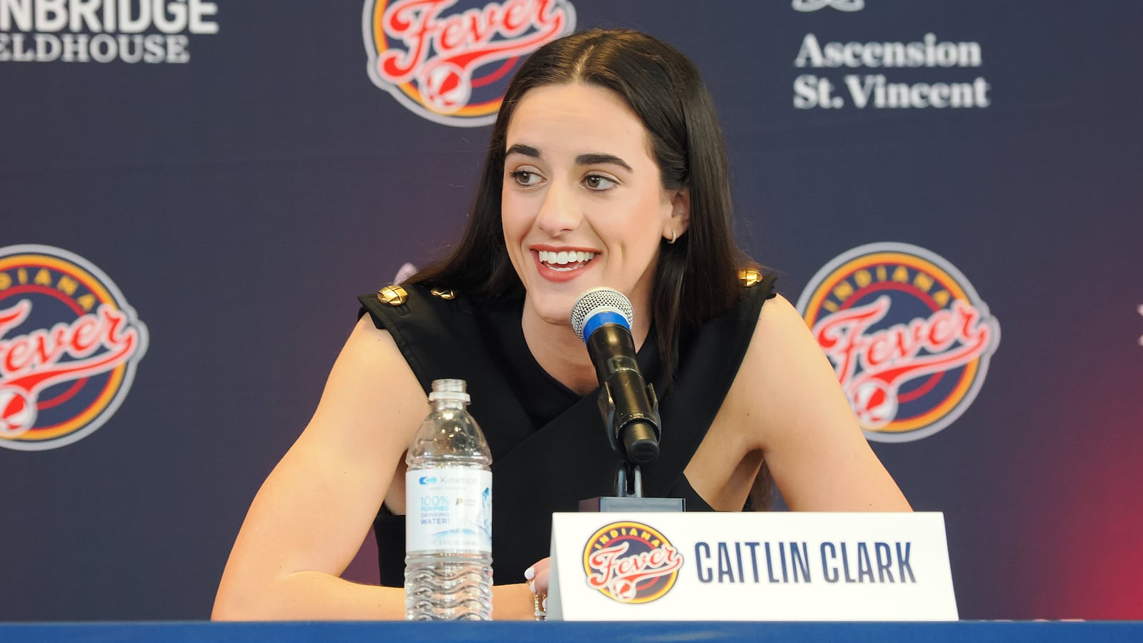 Caitlin Clark of the Indiana Fever talks to the media during an introductory press conference on April 17, 2024 at Gainbridge Fieldhouse in Indianapolis, Indiana.