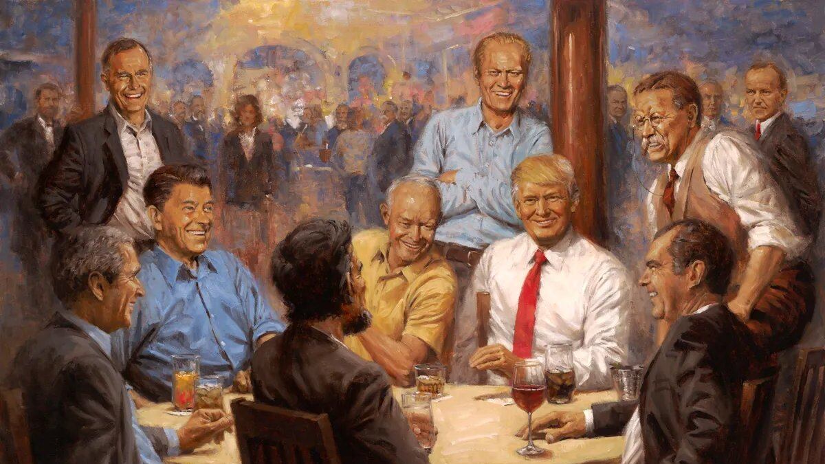 A painting by Andy Thomas shows former Republican presidents, as well as President Donald Trump, sharing a drink together around a table.
