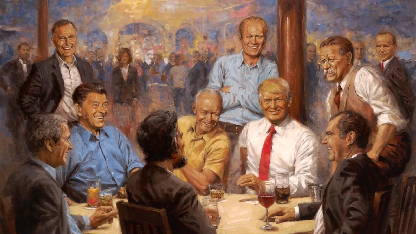 A painting by Andy Thomas shows former Republican presidents, as well as President Donald Trump, sharing a drink together around a table.