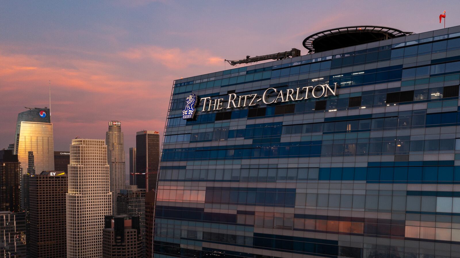 In an aerial view, the The Ritz-Carlton hotel is seen in the downtown Los Angeles cityscape.