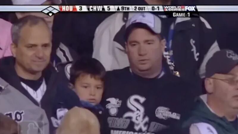Pope Leo, left, was captured on the broadcast of Game 1 of the 2005 World Series wearing Chicago White Sox gear.