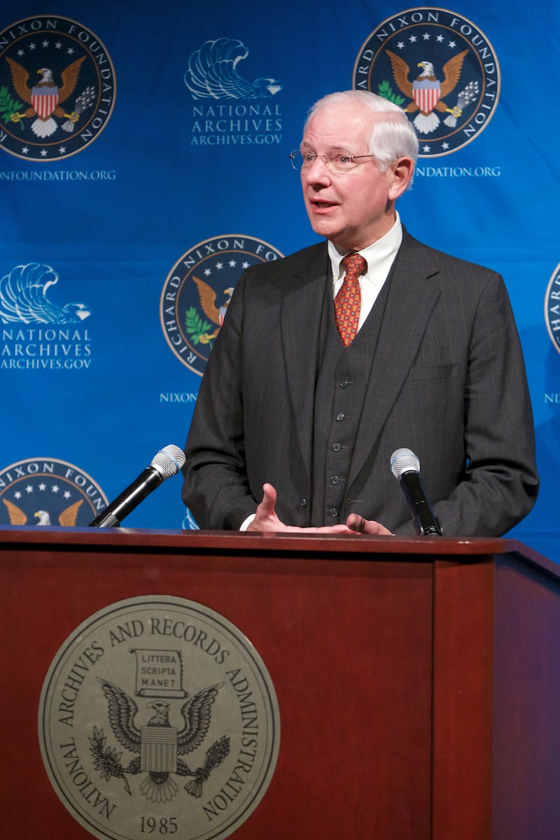 Geoffrey Shepard, a former Nixon White House staffer, introduces panelists on behalf of the Richard Nixon Foundation in 2014. He is now 81.