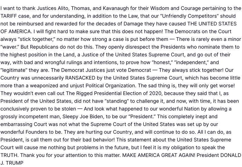 Screengrab of Trump's Truth Social post.