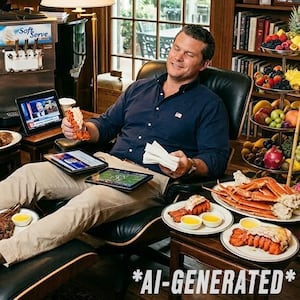 An AI-generated image of Pete Hegseth with lobster, steak, an ice cream machine, and various luxuries.