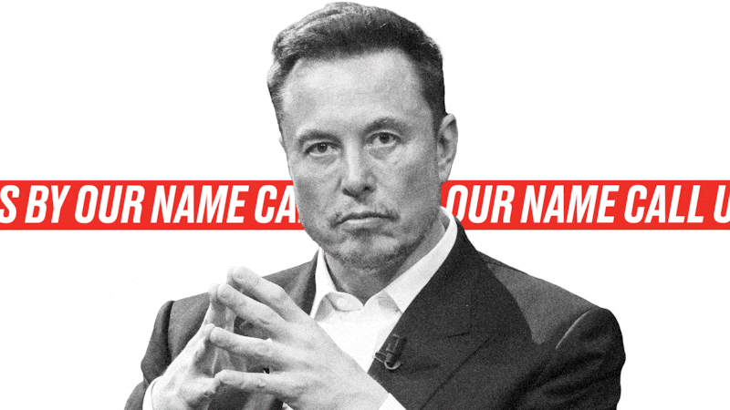 Twitter boss Elon Musk in an animated GIF with the words "Call Us By Our Name" scrolling behind him.