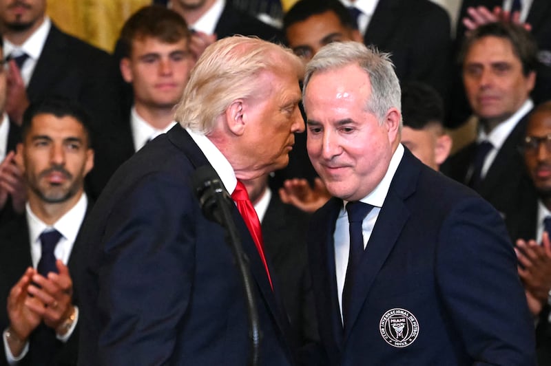 President Donald Trump speaks with Jorge Mas, managing owner of Inter Miami CF, a Miami-based Major League Soccer team, during an event for the team, winners of the 2025 Major League Soccer Cup, in the East Room of the White House in Washington, D.C., on March 5, 2026.