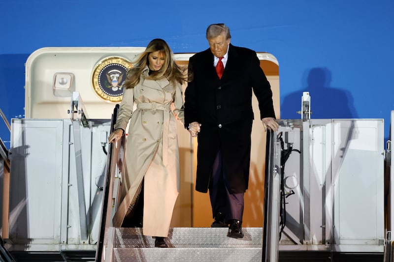 STANSTED, ESSEX - SEPTEMBER 16: U.S. President Donald Trump and First Lady Melania Trump exit Air Force One after arriving at London Stansted Airport for a state visit on September 16, 2025 in Stansted, Essex. President Trump is in England from Sept. 16-18 on his second UK state visit, with the previous one taking place in 2019 during his first presidential term. (Photo by Anna Moneymaker/Getty Images)