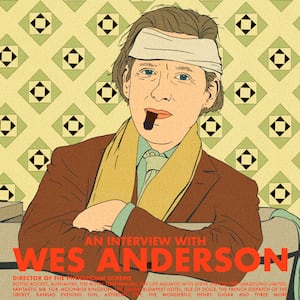 Illustration of Wes Anderson based on imagery from The Phoenician Scheme