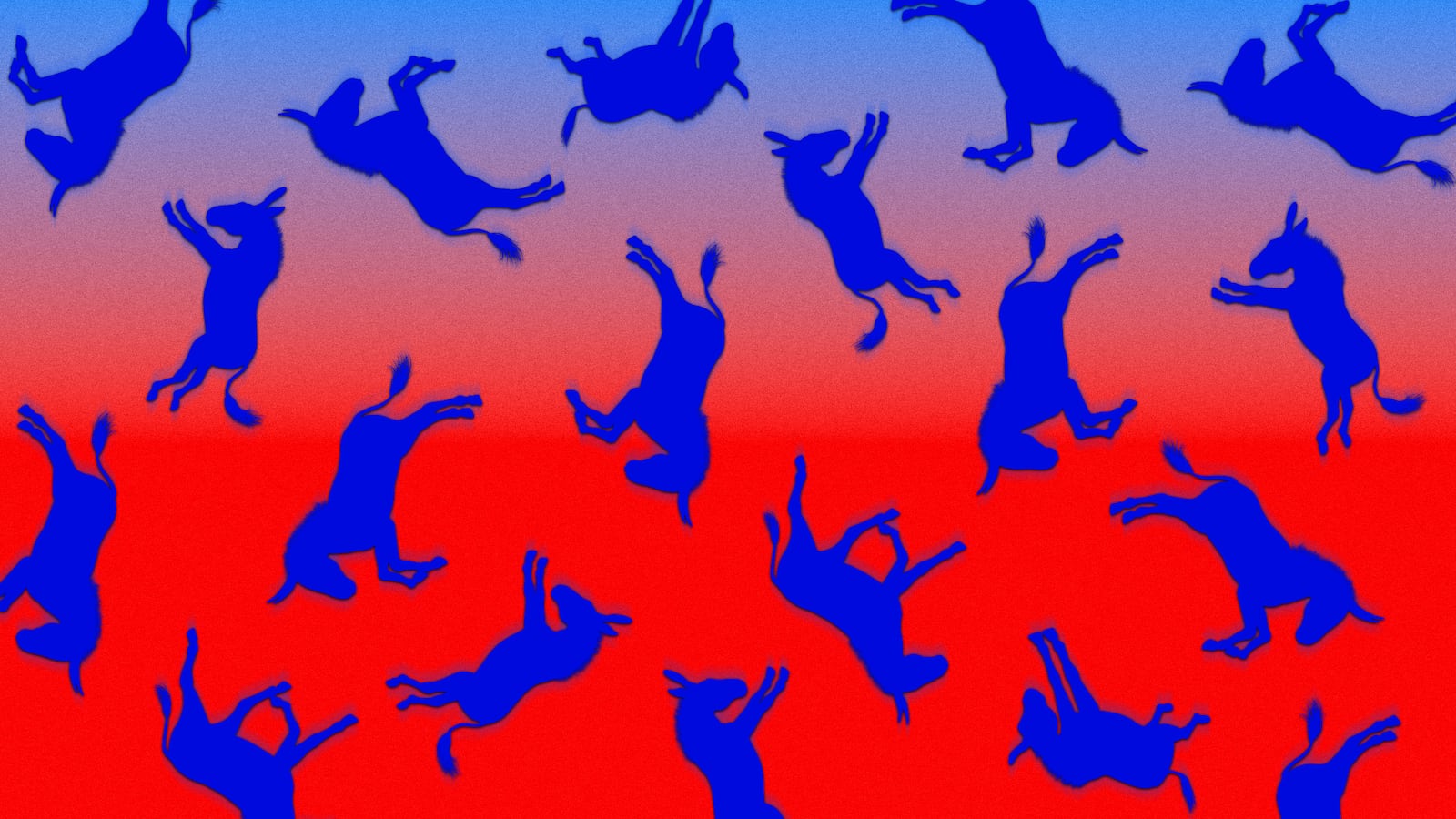 A photo illustration of blue donkey silhouettes falling into red.