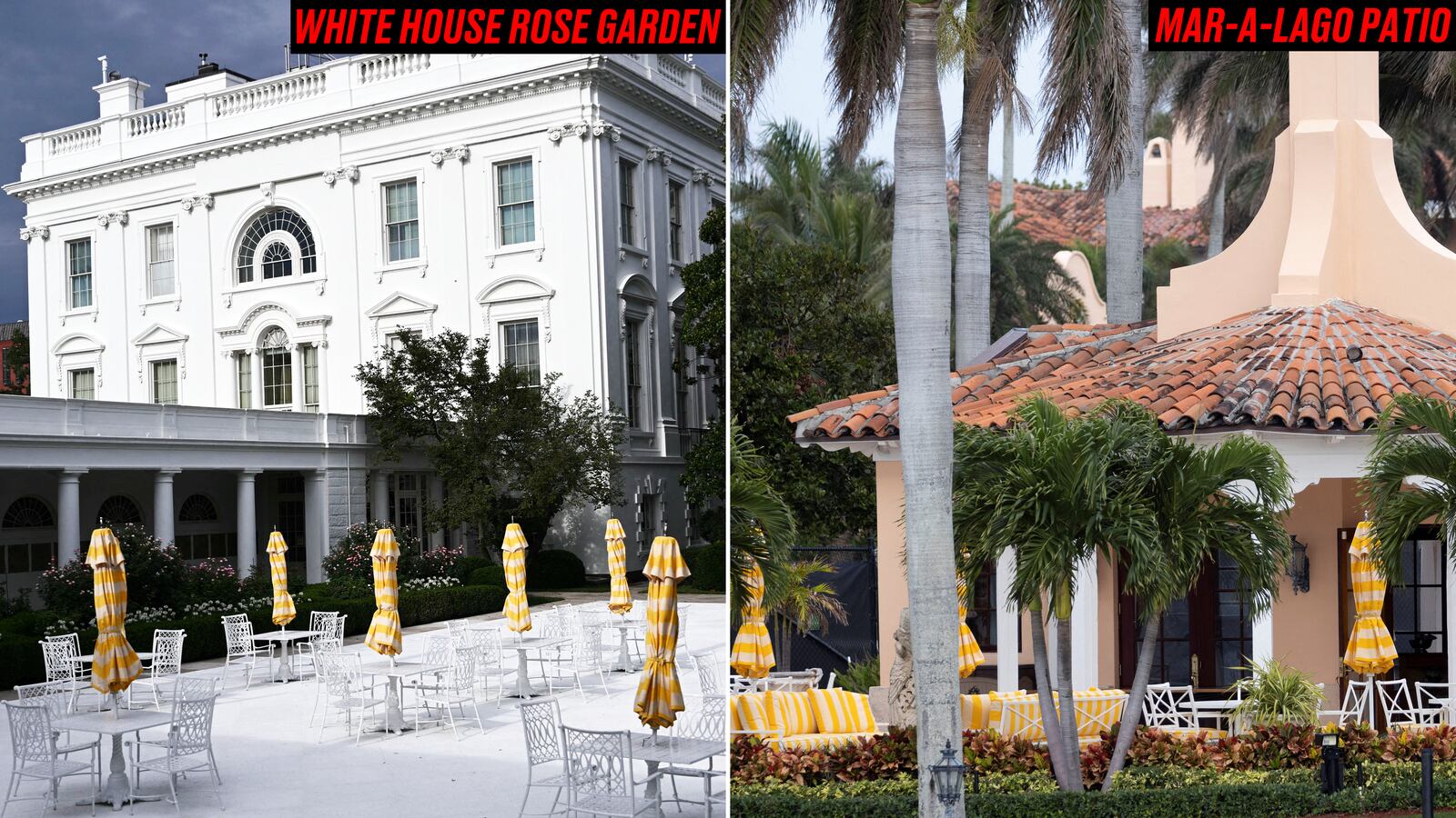 White House rose garden, mar-a-lago patio split image