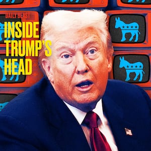 A photo illustration of Donald Trump in front of television sets with Democrat donkey logo.