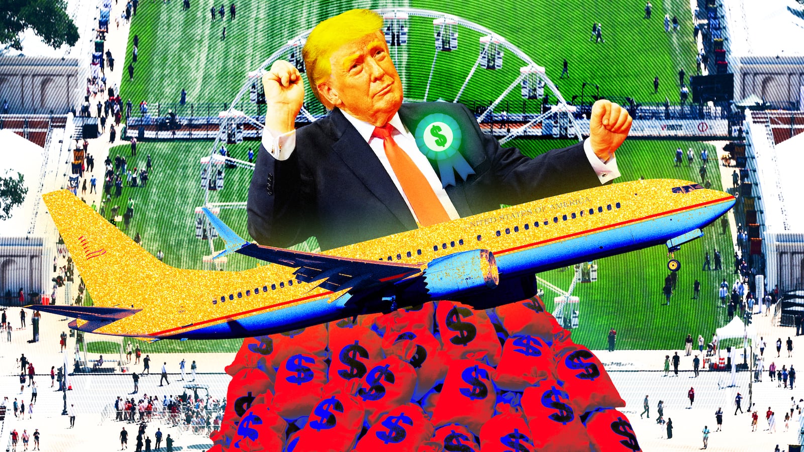 A photo illo illustration of Donald Trump with the new Air Force One plane, bags of money, and in front of the America 250 fair.