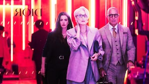 Meryl Streep, Stanley Tucci, and Anne Hathaway in The Devil Wears Prada 2.