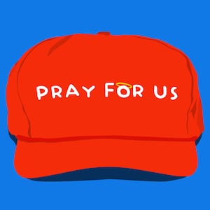 MAGA hat with "pray for us" written across instead of "make America great again"