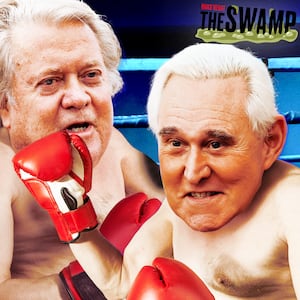A photo illustration for The Swamp of Steve Bannon and Roger Stone as boxers in a ring.