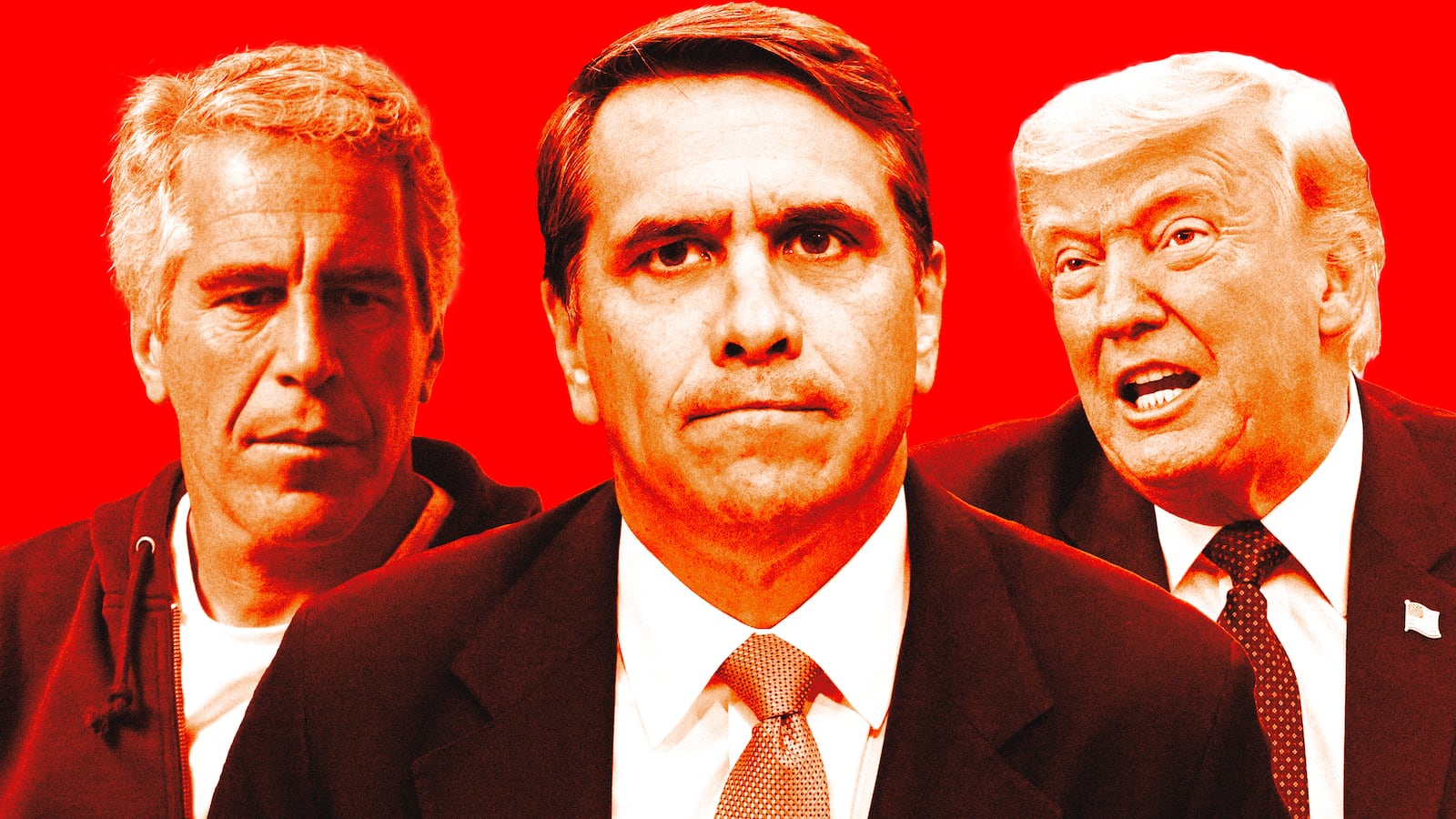 A photo illustration illo of Jeffrey Epstein, Todd Blanche, and Donald Trump.