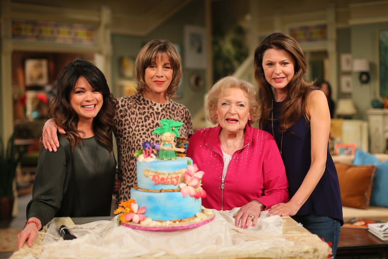 Valerie Bertinelli, Wendie Malick, Betty White and Jane Leeves pose at the Betty White celebratation of her 93rd birthday on the set of "Hot in Cleveland"