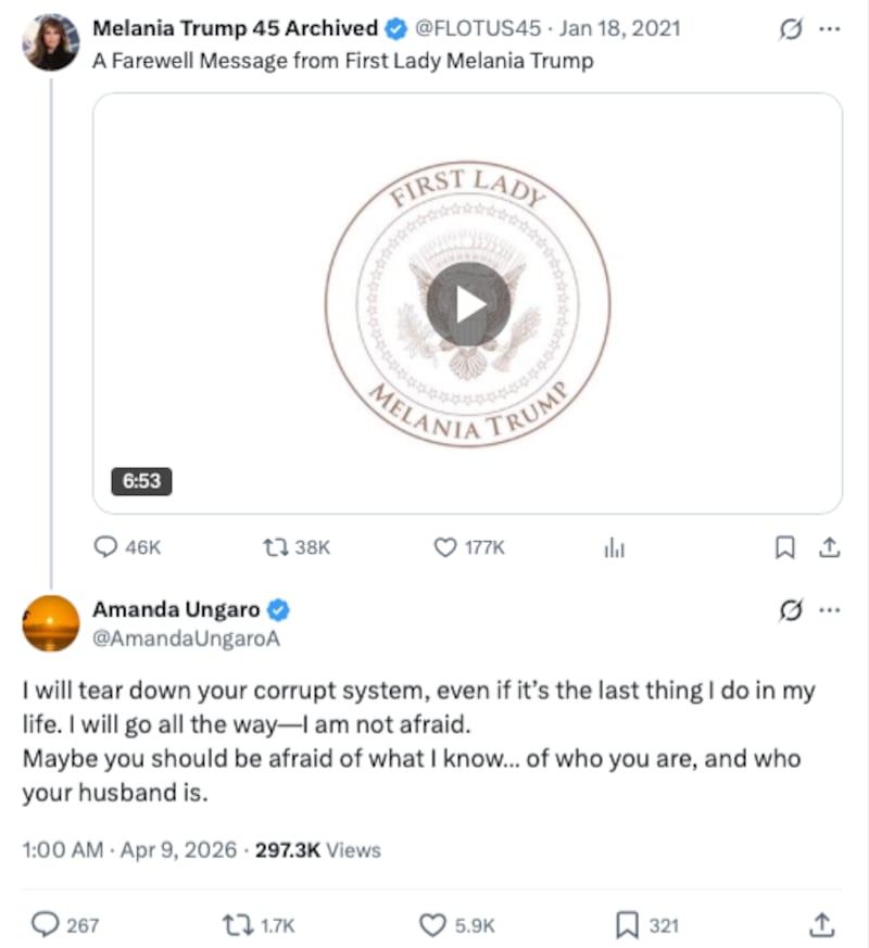Ungaro seemingly threatened Trump before the first lady's surprise comments about Epstein.
