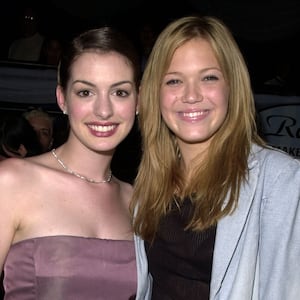 Anne Hathaway & Mandy Moore during The Princess Diaries Premiere After Party at El Capitan Theatre in Hollywood, California.