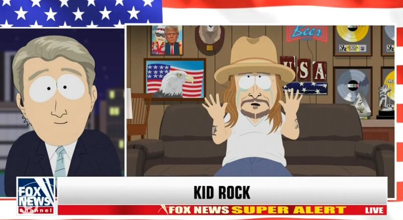 South Park, a Fox News anchor interviewing an emotional Kid Rock.