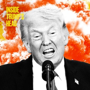 Donald Trump with explosions behind him