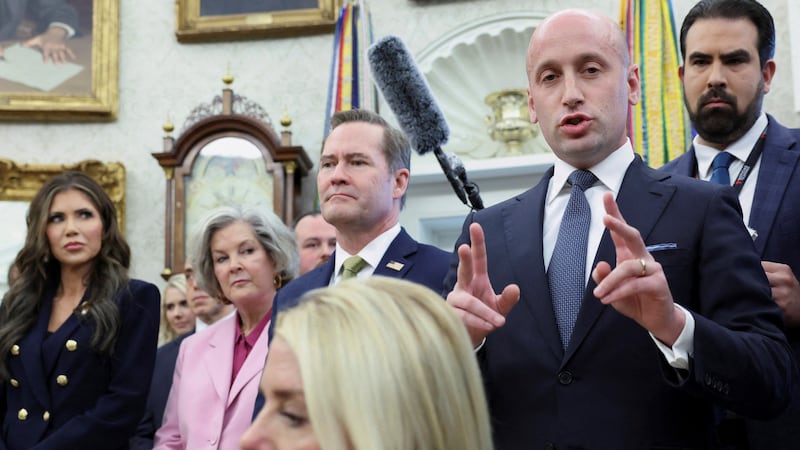 U.S. White House Deputy Chief of Staff Stephen Miller speaks as U.S. Attorney General Pam Bondi, U.S. National Security Advisor Mike Waltz, and  U.S. Department of Homeland Security Secretary Kristi Noem listen during a meeting between U.S. President Donald Trump (not pictured) and El Salvador President Nayib Bukele (not pictured) in the Oval Office at the White House in Washington, D.C., U.S., April 14, 2025. REUTERS/Kevin Lamarque  REFILE - QUALITY REPEAT