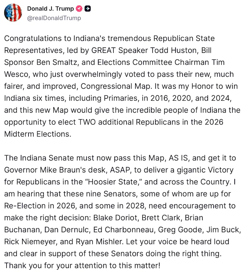 Donald Trump posts about Indiana on Truth Social.