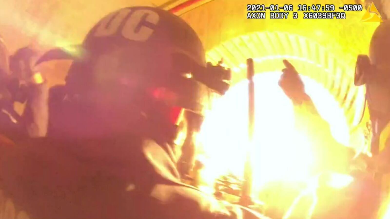 An explosion in a tunnel at the Capitol on Jan. 6, 2021.