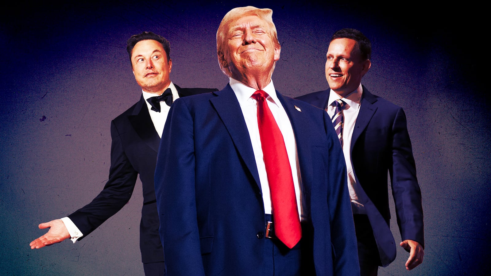 A photo illustration of Elon Musk, Donald Trump, and Peter Thiel.