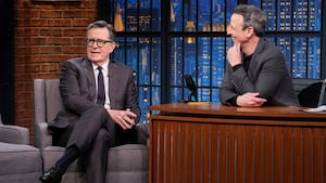 Comedian Stephen Colbert during an interview with host Seth Meyers on January 27, 2026