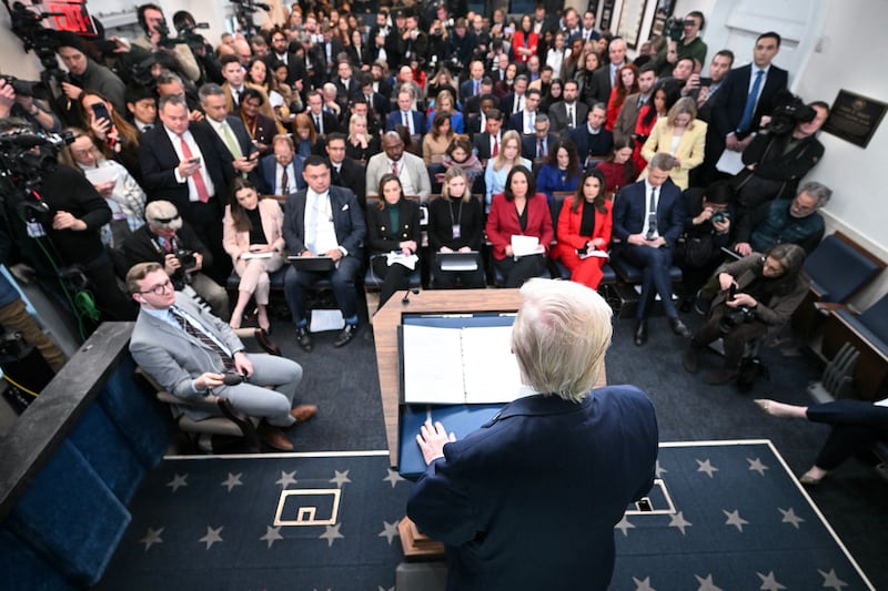 US President Donald Trump speaks during a briefing in the Brady Briefing Room of the White House in Washington, DC, on January 20, 2026. Trump on Tuesday expressed frustration that his message on the economy was "not getting across," blaming his spokespeople for the issue. (Photo by Saul LOEB / AFP via Getty Images)