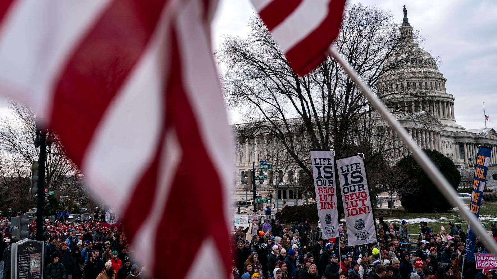 Marchers make their way past the U.S. Capitol during the annual anti-abortion March for Life rally on January 24, 2025 in Washington, D.C.