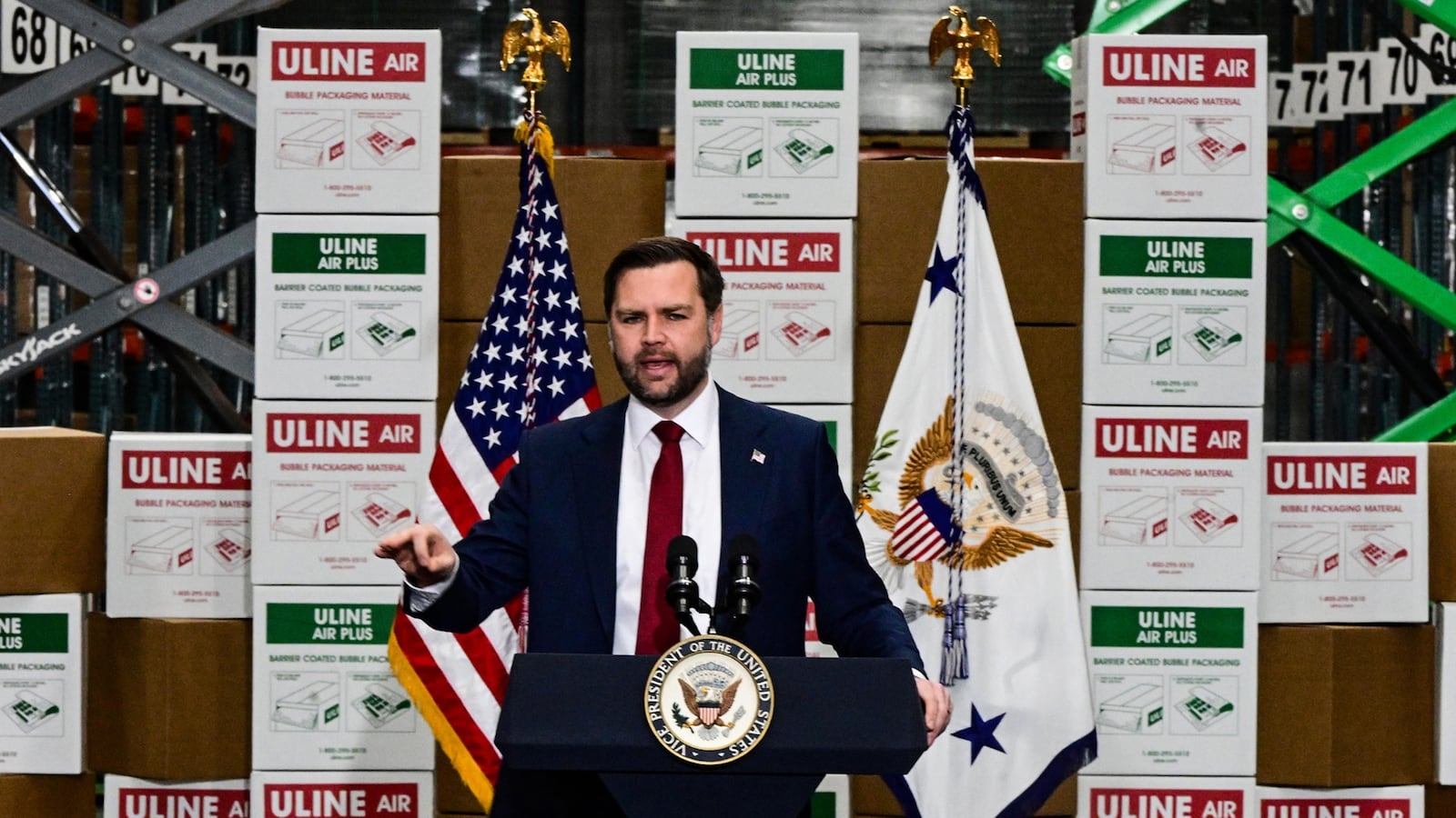 Vice President JD Vance appears Tuesday, Dec. 16, 2025, at a Uline warehouse in Lower Macungie Township, Pennsylvania, where he delivered a speech on the economy during his first visit to the Lehigh Valley since taking office.