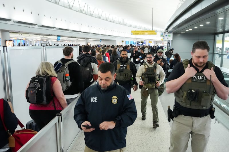ICE agents are roaming airports as of Monday morning, including John F. Kennedy International Airport (above), but do not appear to be helping TSA speed up its screening process.