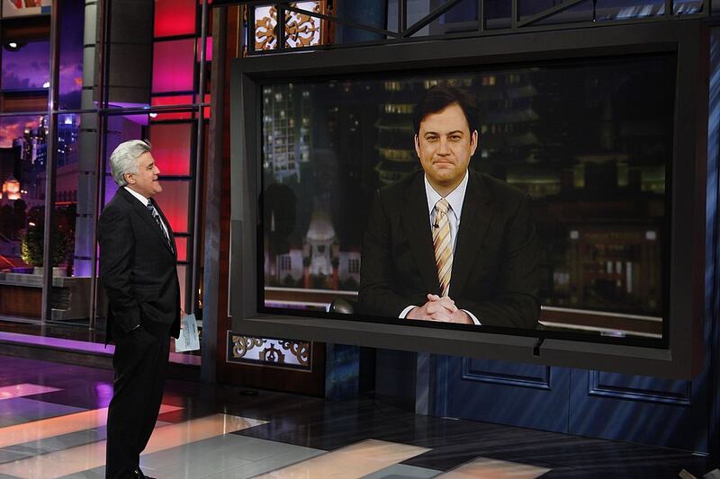 THE JAY LENO SHOW -- Episode 80 -- Pictured: (l-r) Host Jay Leno, talk show host Jimmy Kimmel during 10@10 segment on January 14, 2010 -- Photo by: Justin Lubin/NBCU Photo Bank