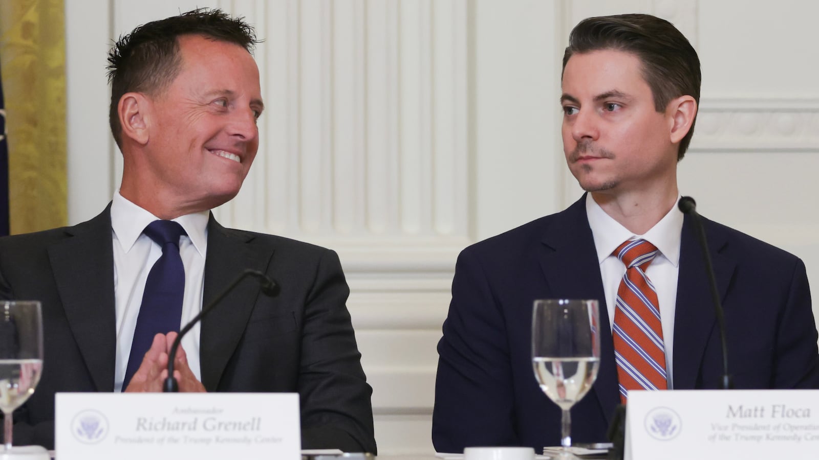 Richard Grenell, outgoing President of The Kennedy Center Board of Trustees, (L) sits with Matt Floca who will replace him.