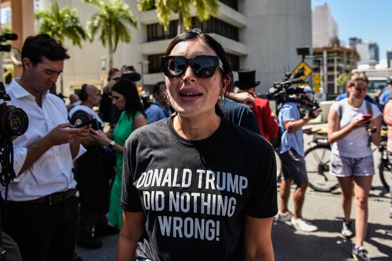 Laura Loomer, a right wing pundit and supporter of former U.S. President Donald Trump gathers outside the Wilkie D. Ferguson Jr. United States Federal Courthouse where former President Donald Trump is scheduled to be arraigned later in the day on June 13, 2023 in Miami, Florida.