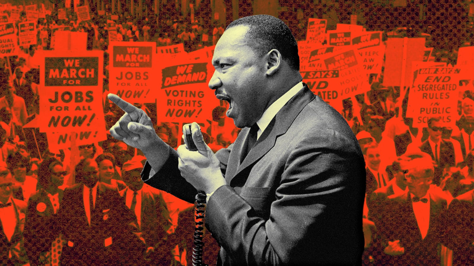 A photo illustration of Martin Luther King Jr. speaking and a civil rights march in Washington, DC.
