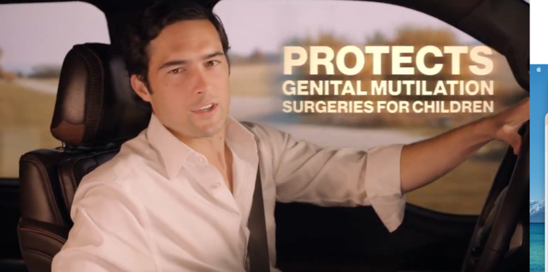 A man driving seen from the side with the words "Protects genital mutilation surgeries for children"