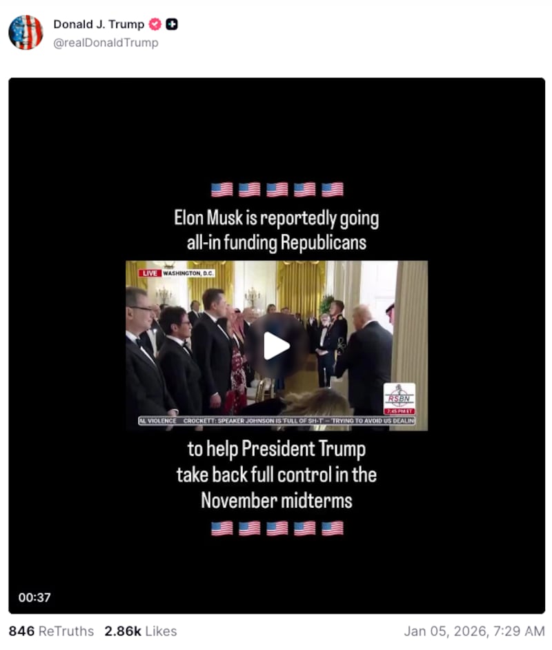 Truth Social post celebrating Elon Musk's return to Republican politics.
