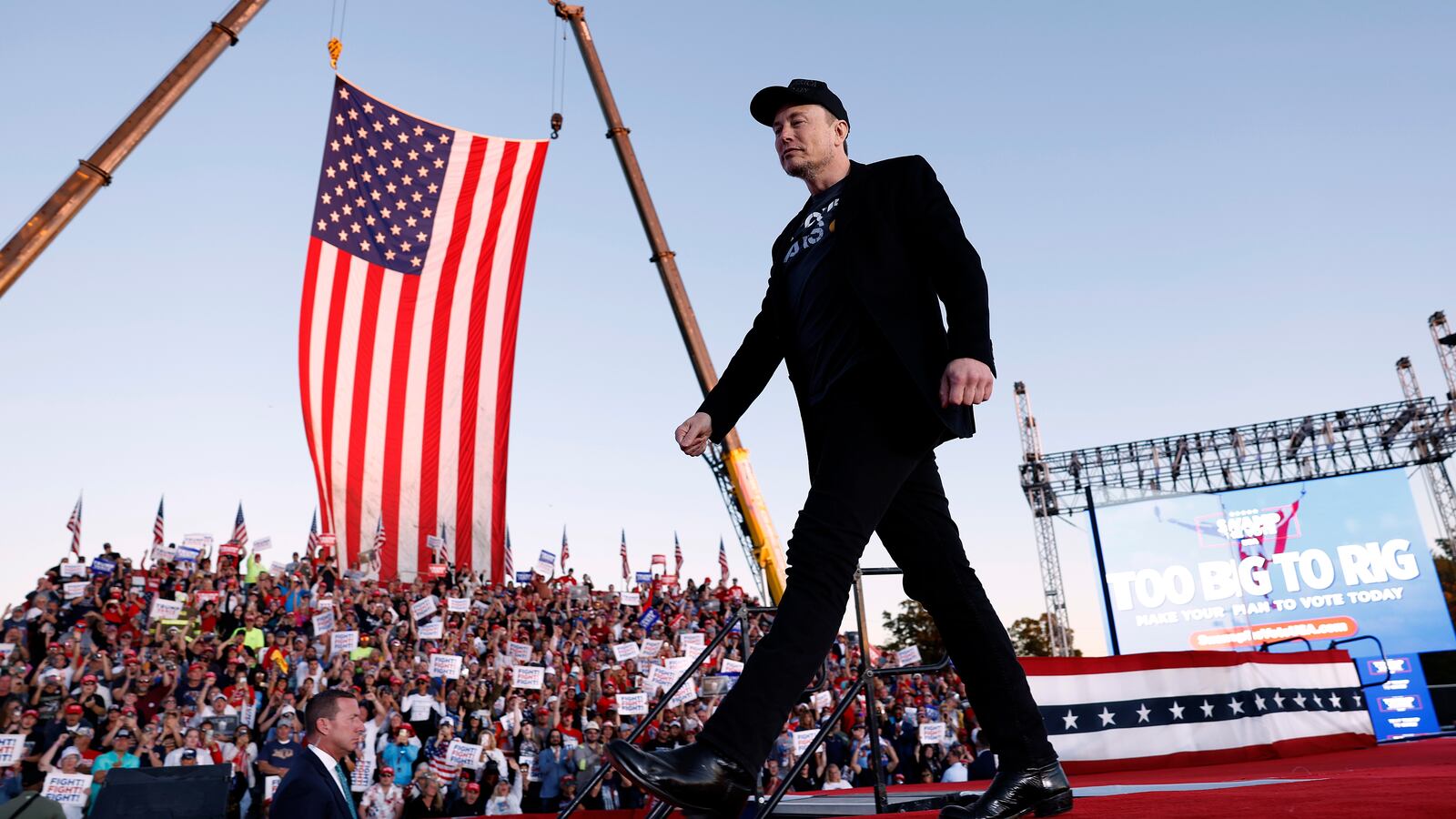 BUTLER, PENNSYLVANIA - OCTOBER 05: Elon Musk leaves the stage after addressing a campaign rally with Republican presidential nominee, former President Donald Trump at the Butler Farm Show fairgrounds on October 05, 2024 in Butler, Pennsylvania. This is the first time that Trump has returned to Butler since he was injured during an attempted assassination on July 13. (Photo by Anna Moneymaker/Getty Images)