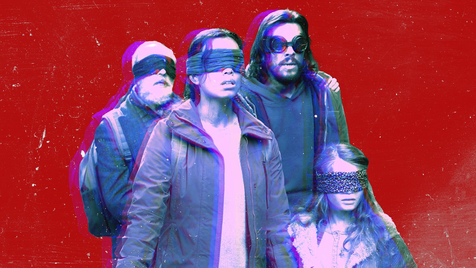 A photo illustration of Gonzalo De Castro, Georgina Campbell, Mario Casas, Naila Schuberth in Bird Box Barcelona.