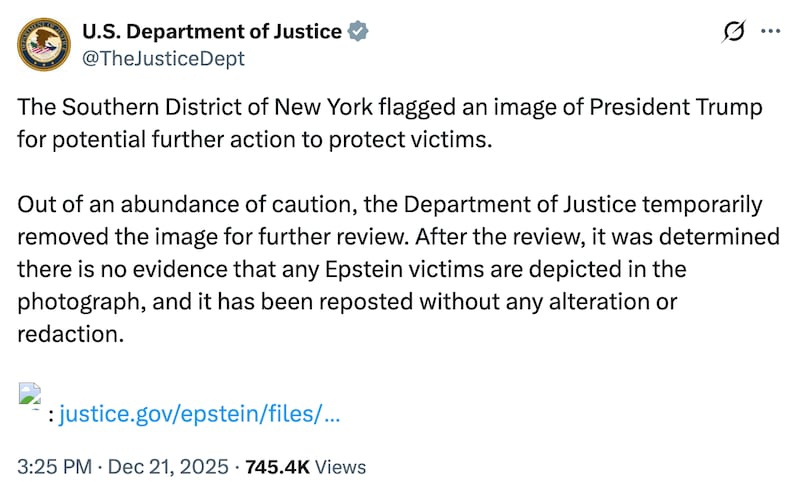DOJ tweet on Trump Epstein files photo