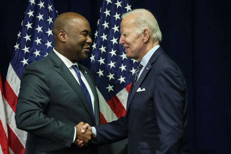 Joe Biden greets Jaime Harrison,